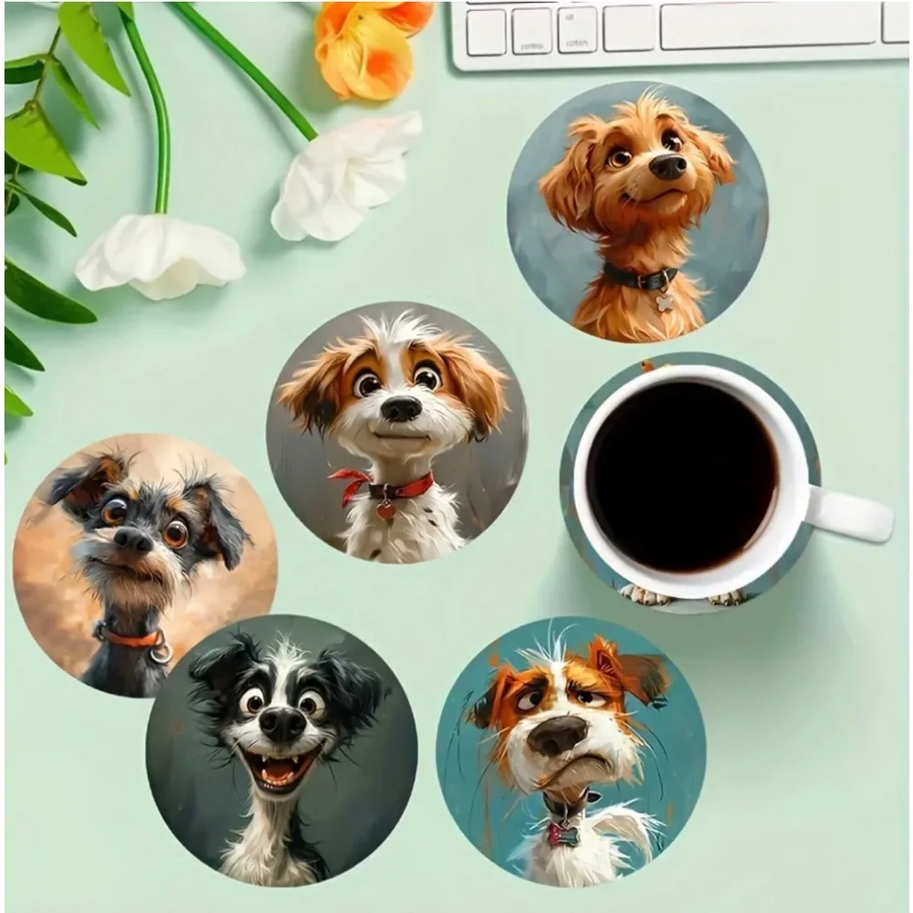 Funny Assorted Breed Dog Faces Wooden Coasters,  Set of 6